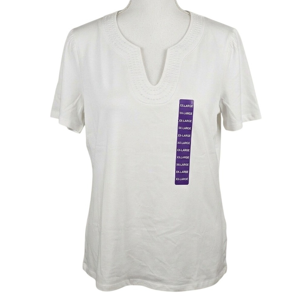 Rafaella Womens XXL White Cotton Split Neck Embroidered Short Sleeve Top NWT